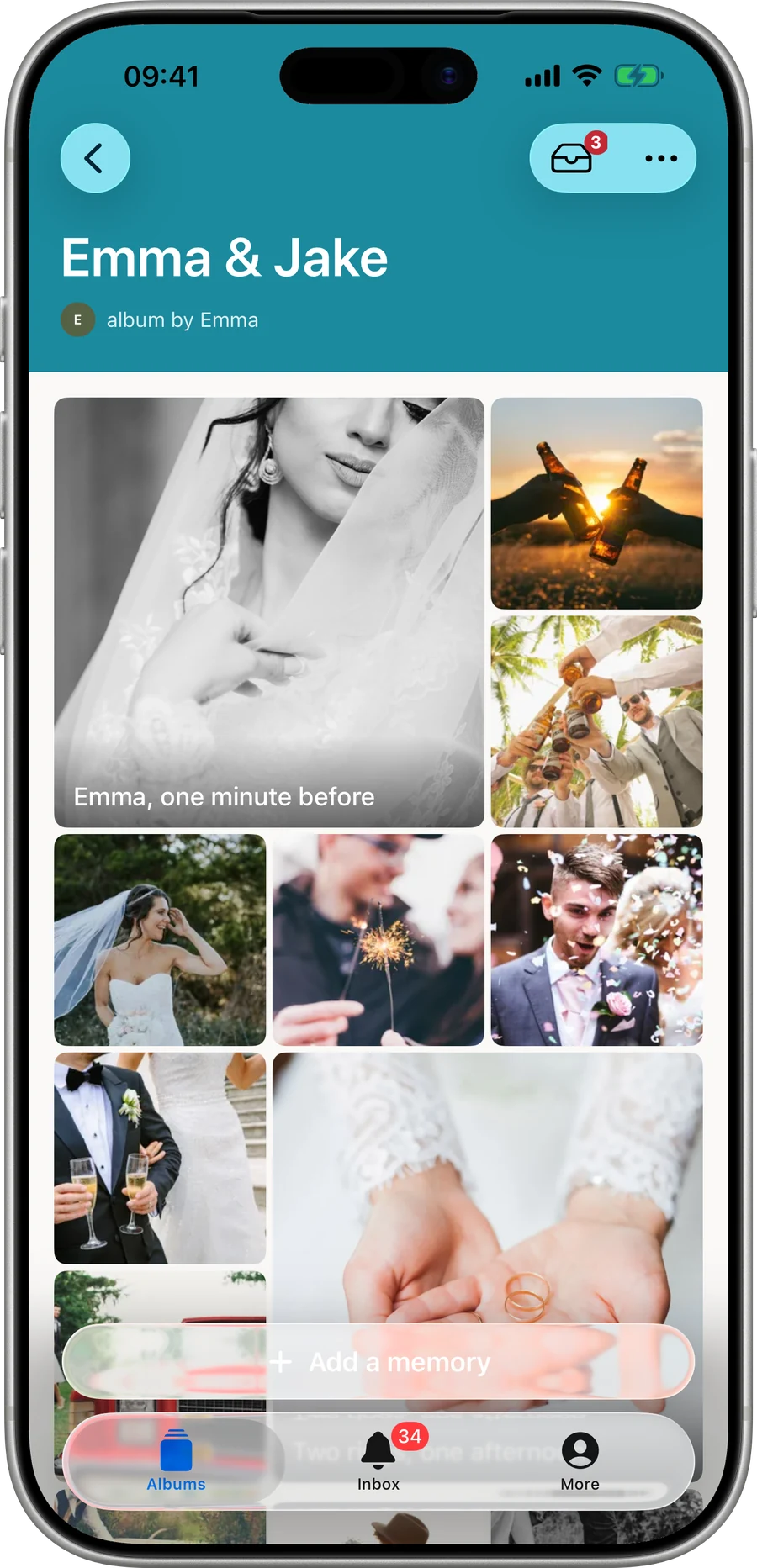 An album open on an iPhone: a grid of photographs under its title