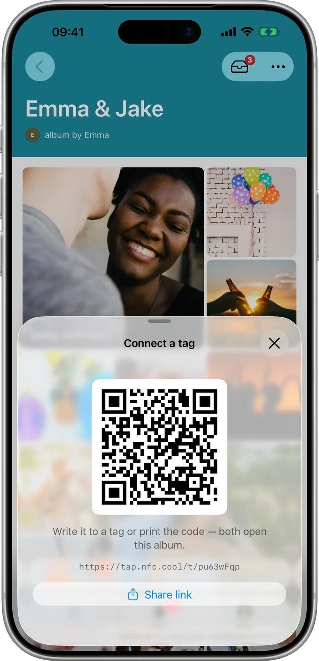 The app's Connect a tag sheet, with the QR code for an album